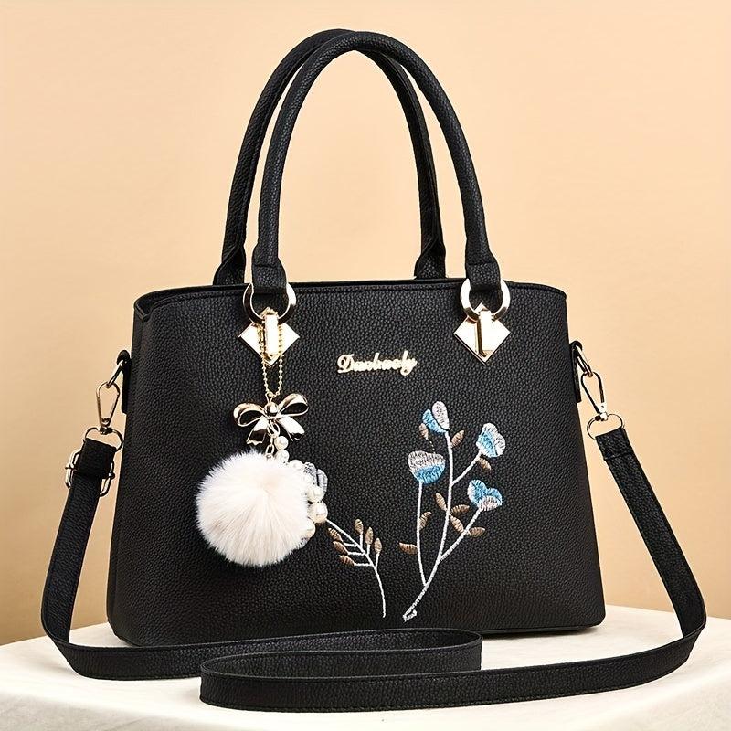 Flower Pattern Pom Pom Pendent Shoulder Bag