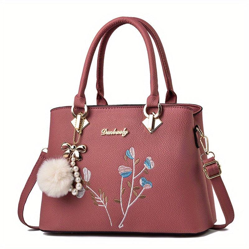 Flower Pattern Pom Pom Pendent Shoulder Bag