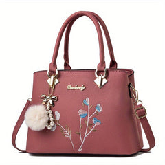 Flower Pattern Pom Pom Pendent Shoulder Bag