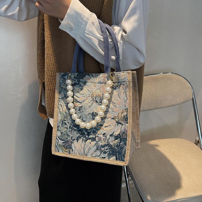 Vintage Oil Painting Tote Bag Literary Burlap Mommy Bag