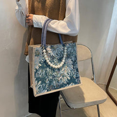 Vintage Oil Painting Tote Bag Literary Burlap Mommy Bag