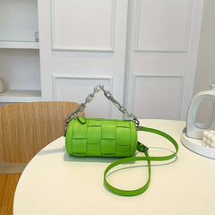 Mini Braided Cylinder Chain Crossbody Bag PU Leather Barrel Bag Purse