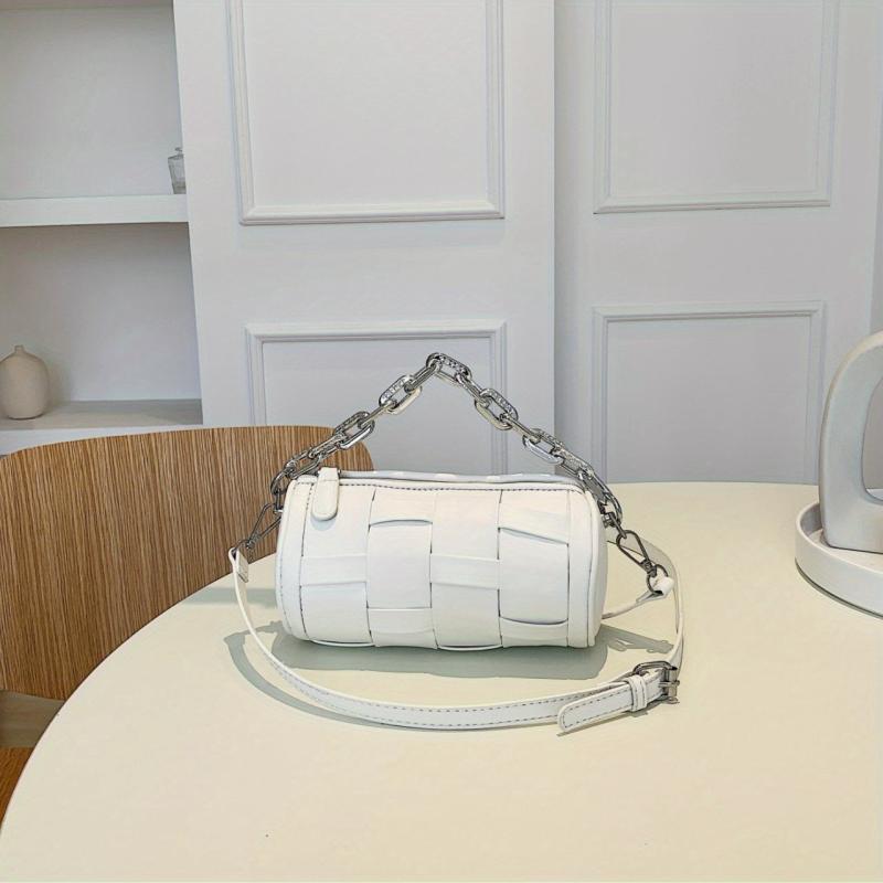 Mini Braided Cylinder Chain Crossbody Bag PU Leather Barrel Bag Purse
