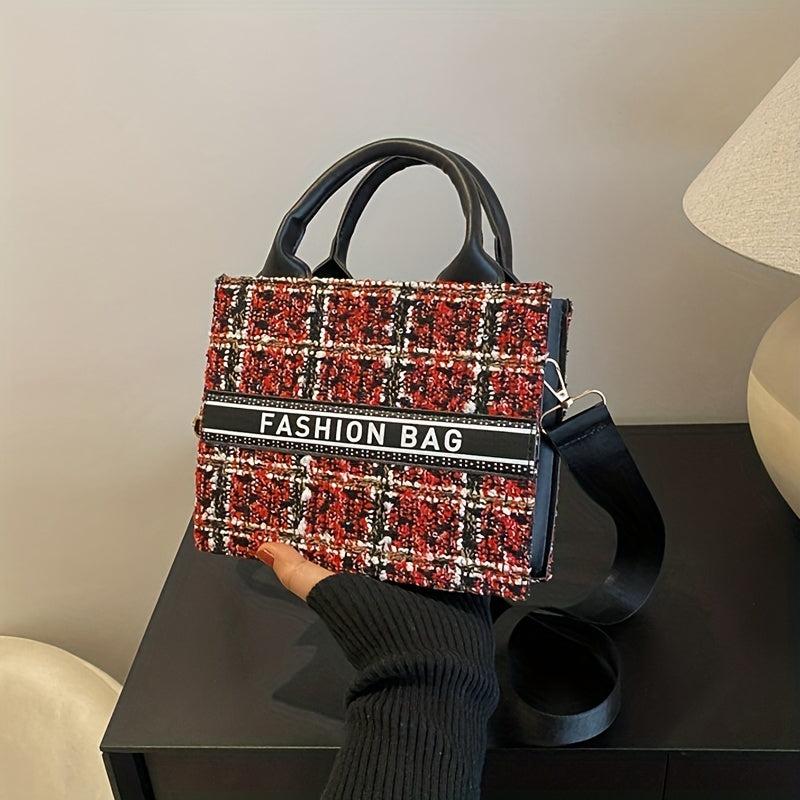 Plaid Pattern Tote Bag Tweed Handbag Crossbody Bag