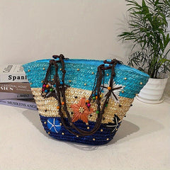 Boho Straw Beach Tote Bag Starfish Embroidered Handabag