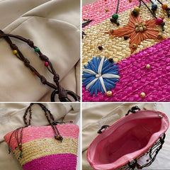 Boho Straw Beach Tote Bag Starfish Embroidered Handabag