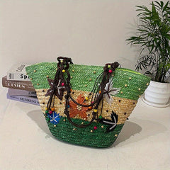 Boho Straw Beach Tote Bag Starfish Embroidered Handabag