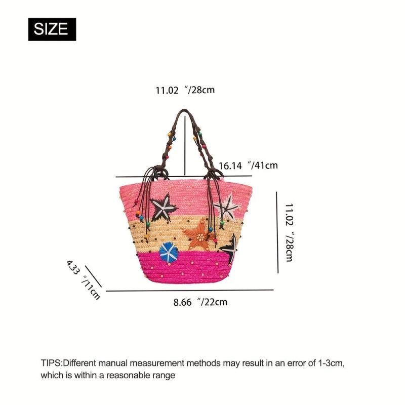 Boho Straw Beach Tote Bag Starfish Embroidered Handabag