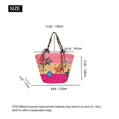 Boho Straw Beach Tote Bag Starfish Embroidered Handabag