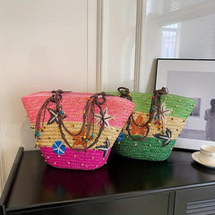 Boho Straw Beach Tote Bag Starfish Embroidered Handabag