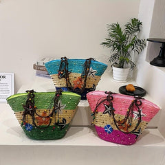 Boho Straw Beach Tote Bag Starfish Embroidered Handabag