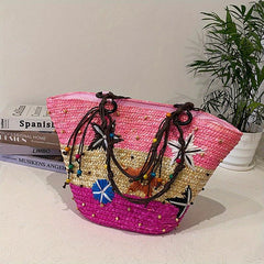 Boho Straw Beach Tote Bag Starfish Embroidered Handabag