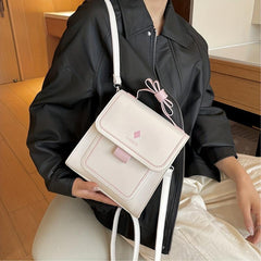 Bow Decor Handle Flap Crossbody Bag PU Leather Textured Bag Purse