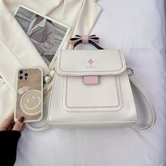 Bow Decor Handle Flap Crossbody Bag PU Leather Textured Bag Purse