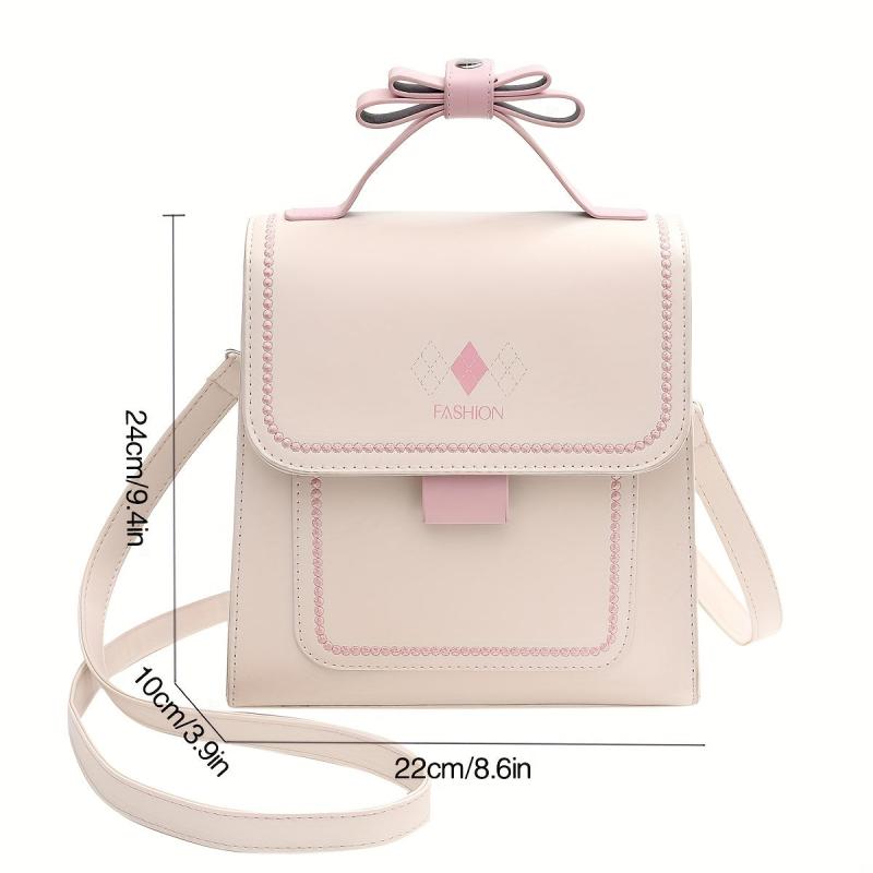 Bow Decor Handle Flap Crossbody Bag PU Leather Textured Bag Purse