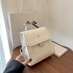 Bow Decor Handle Flap Crossbody Bag PU Leather Textured Bag Purse