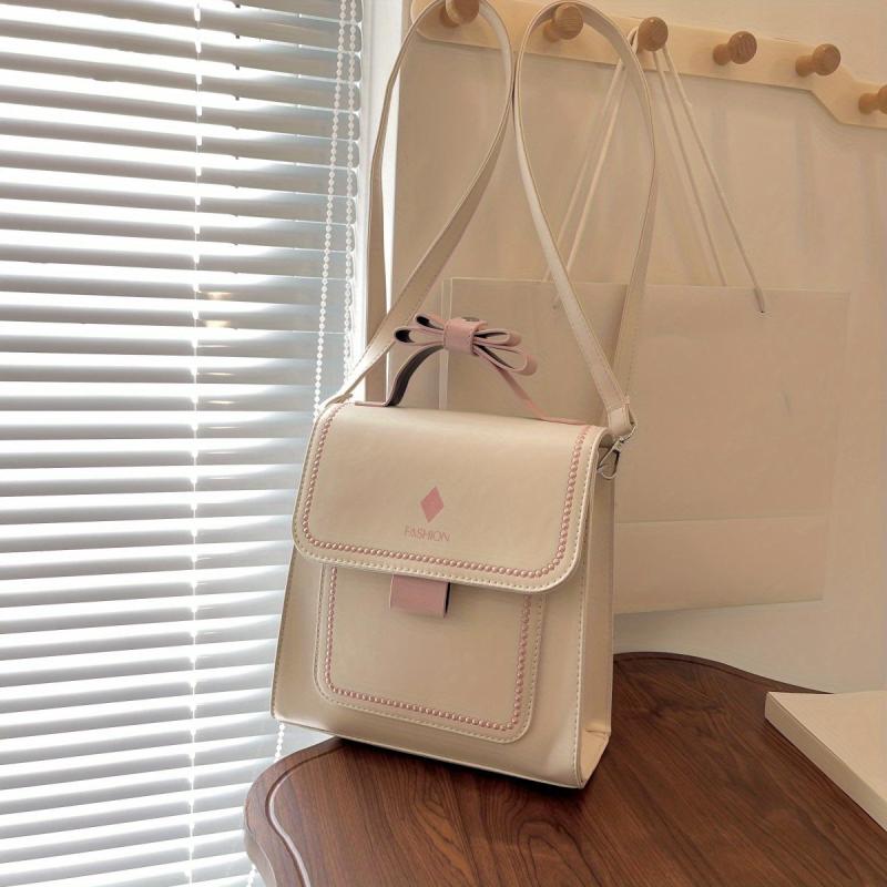 Bow Decor Handle Flap Crossbody Bag PU Leather Textured Bag Purse
