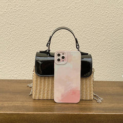 Straw Glossy Flap Shoulder Bag Top Handle Handbag Weaving Chain Crossbody Bag