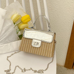 Straw Glossy Flap Shoulder Bag Top Handle Handbag Weaving Chain Crossbody Bag