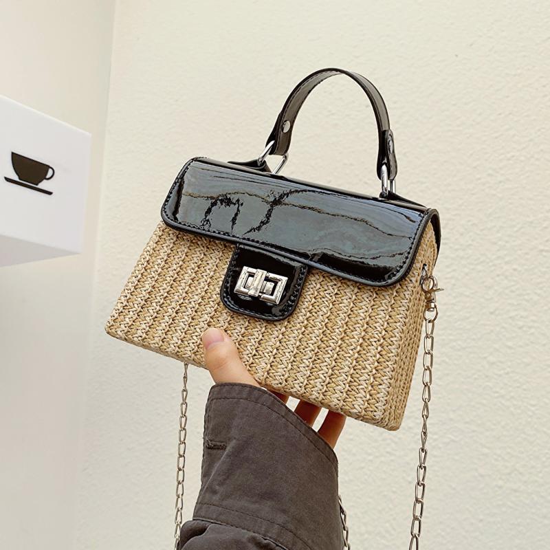 Straw Glossy Flap Shoulder Bag Top Handle Handbag Weaving Chain Crossbody Bag