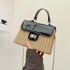 Straw Glossy Flap Shoulder Bag Top Handle Handbag Weaving Chain Crossbody Bag