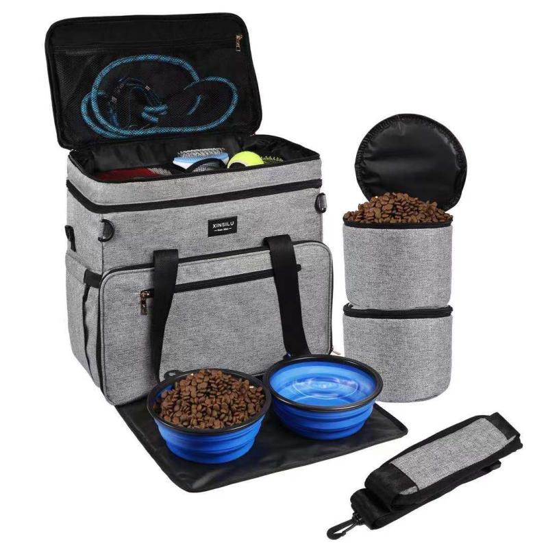 6pcs Large Pet Travel Bag Set, Food Containers, Organizer, Bowls, Treat Bag