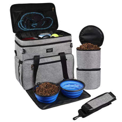 6pcs Large Pet Travel Bag Set, Food Containers, Organizer, Bowls, Treat Bag