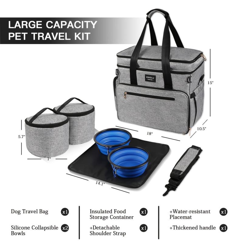 6pcs Large Pet Travel Bag Set, Food Containers, Organizer, Bowls, Treat Bag