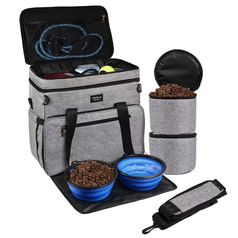 6pcs Large Pet Travel Bag Set, Food Containers, Organizer, Bowls, Treat Bag