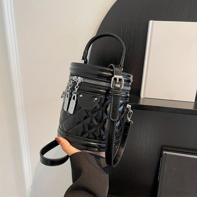 Argyle Quilted Zipper Shoulder Bag Top Handle Handbag