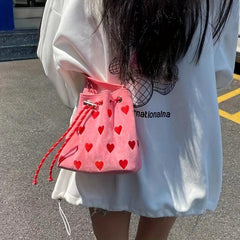Heart Embroidery Bucket Bag Y2K Style Crossbody Bag Mini Pink Handbag