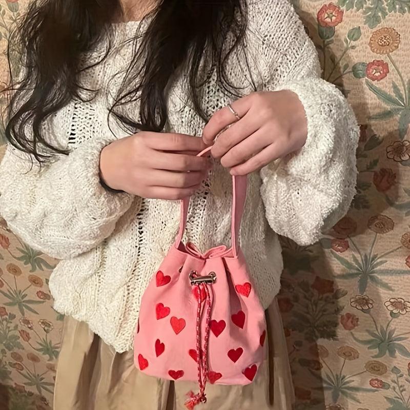 Heart Embroidery Bucket Bag Y2K Style Crossbody Bag Mini Pink Handbag