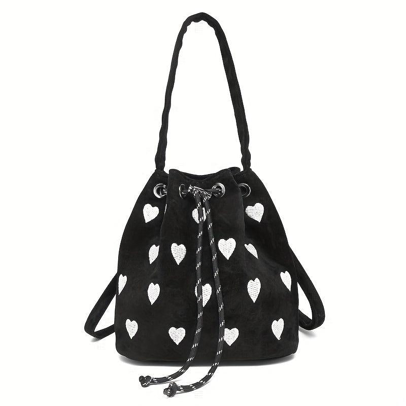 Heart Embroidery Bucket Bag Y2K Style Crossbody Bag Mini Pink Handbag