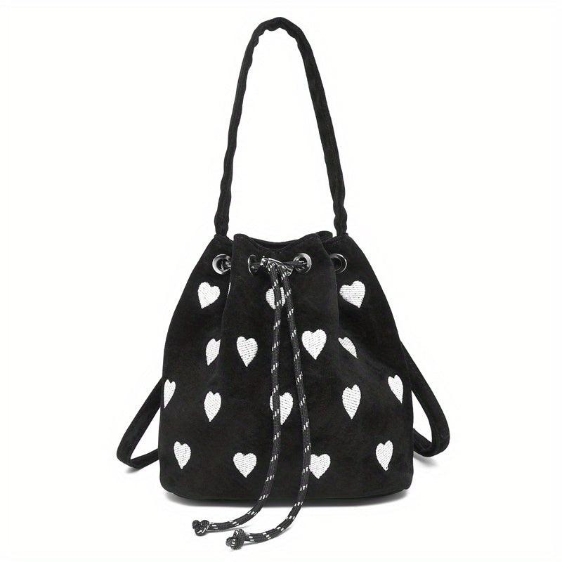 Heart Embroidery Bucket Bag Y2K Style Crossbody Bag Mini Pink Handbag