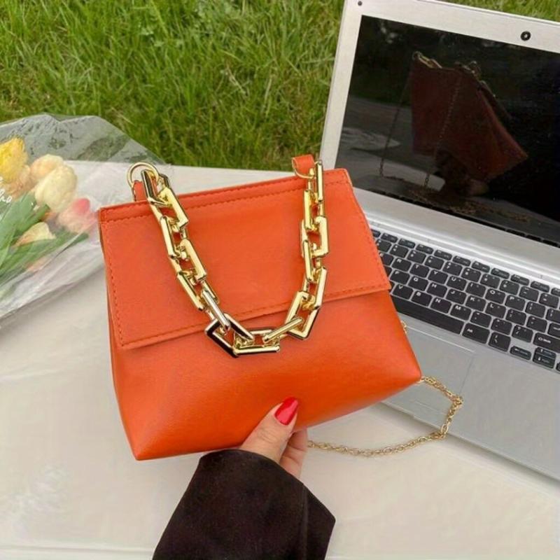 Metal Chain Crossbody Flap Bag PU Leather Textured Shoulder Bag