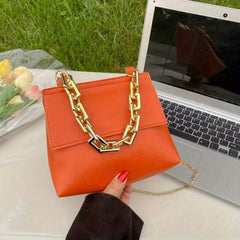 Metal Chain Crossbody Flap Bag PU Leather Textured Shoulder Bag