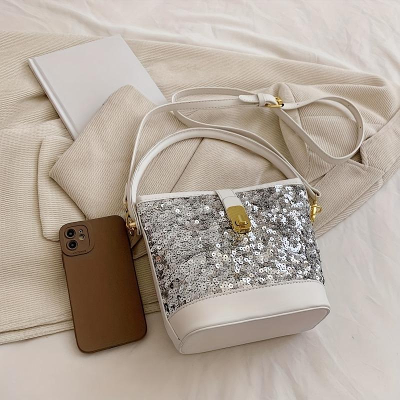 Sequin Glitter Satchel Crossbody Bag PU Leather Textured Bag Purse