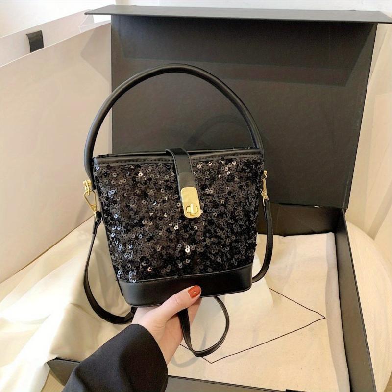 Sequin Glitter Satchel Crossbody Bag PU Leather Textured Bag Purse