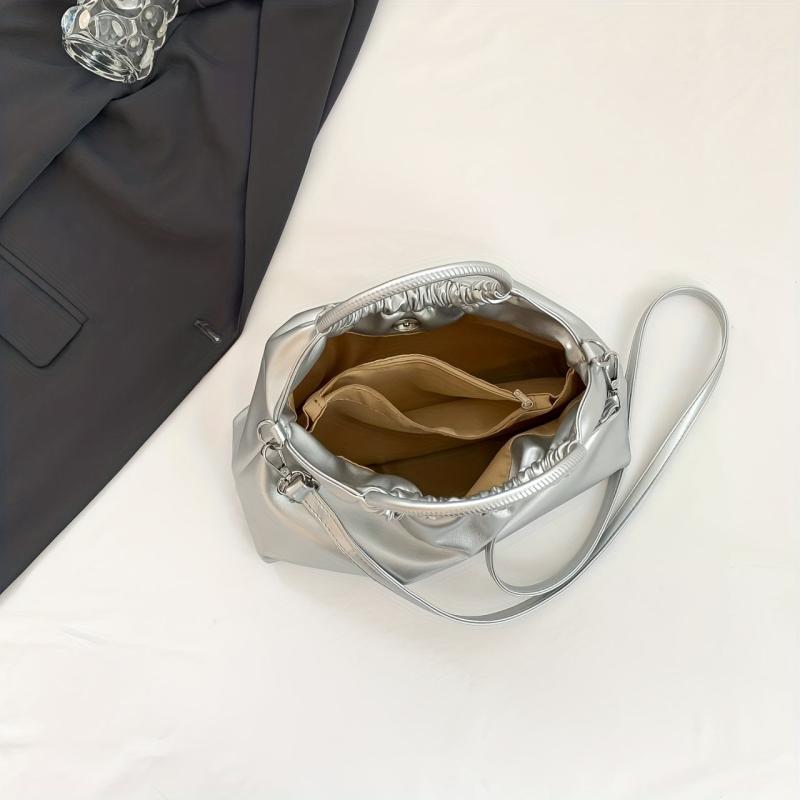 Pleated Glossy Satchel Large Capacity Tote Bag