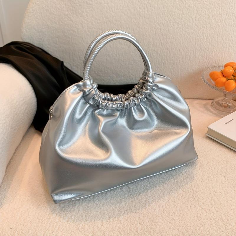 Pleated Glossy Satchel Large Capacity Tote Bag
