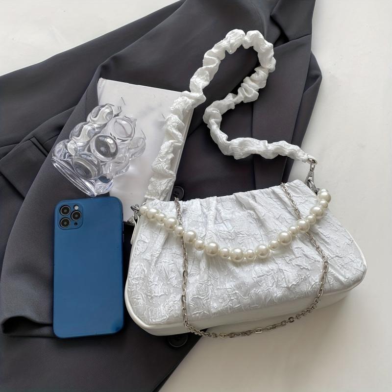 Pleated Pearl Metal Chain Underarm Bag Canvas Textured Bag Purse