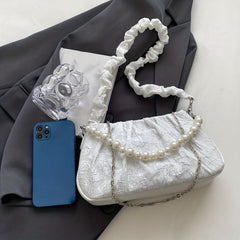 Pleated Pearl Metal Chain Underarm Bag Canvas Textured Bag Purse