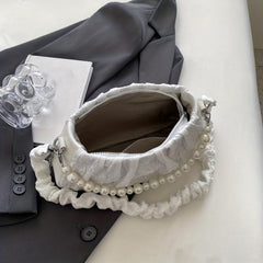Pleated Pearl Metal Chain Underarm Bag Canvas Textured Bag Purse