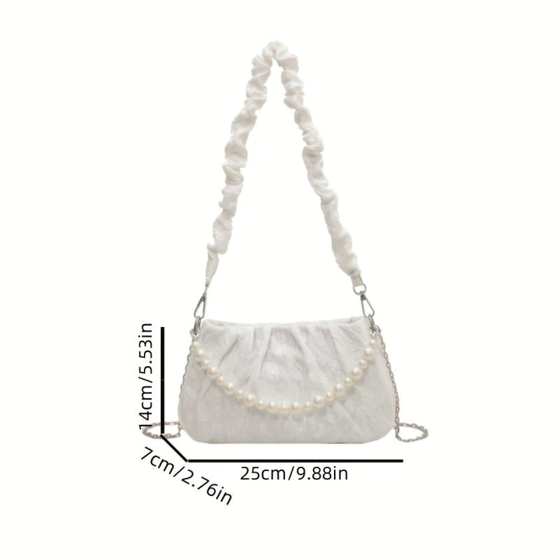 Pleated Pearl Metal Chain Underarm Bag Canvas Textured Bag Purse