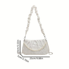 Pleated Pearl Metal Chain Underarm Bag Canvas Textured Bag Purse