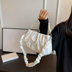 Pleated Pearl Metal Chain Underarm Bag Canvas Textured Bag Purse