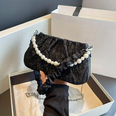 Pleated Pearl Metal Chain Underarm Bag Canvas Textured Bag Purse
