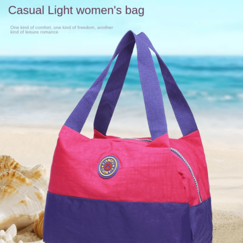 Women's Nylon Beach Shoulder Bag with Zipper, Casual Travel Storage