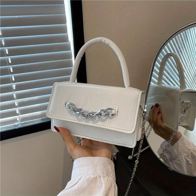 Mini Chain Crossbody Bag Glossy Top Handle Satchel Purse