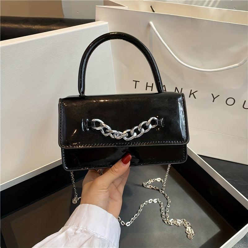 Mini Chain Crossbody Bag Glossy Top Handle Satchel Purse